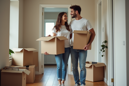 Jeune couple souriant avec cartons dans l'entrée