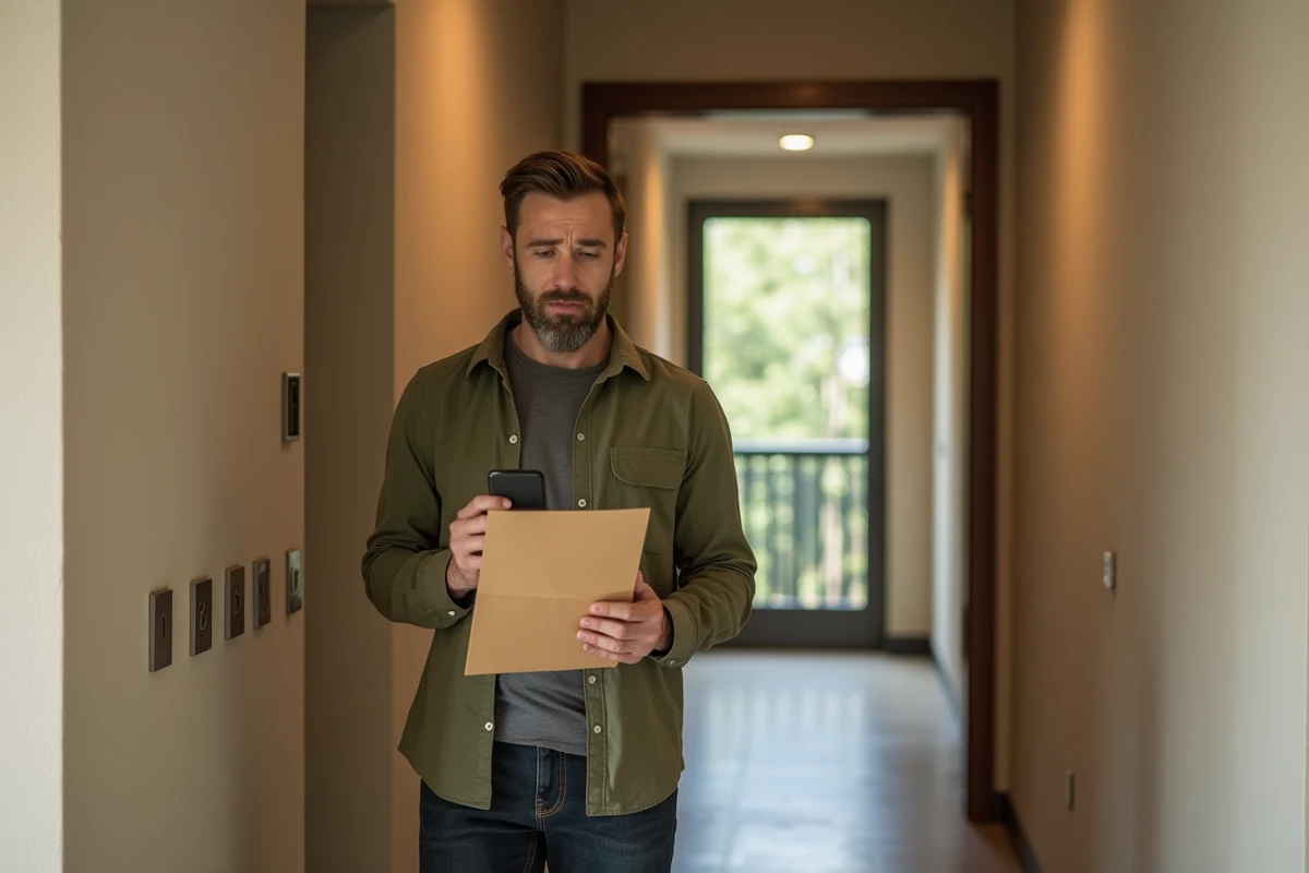 Locataire inquiet vérifiant un avis de loyer dans le couloir d'un immeuble résidentiel