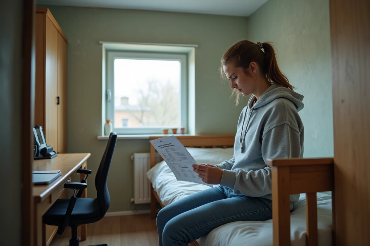Locataire consultant son contrat de bail dans une chambre de petite superficie