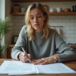 Locataire qui examine attentivement son contrat de bail et la notice légale liée à l'article 15 de la loi du 6 juillet 1989