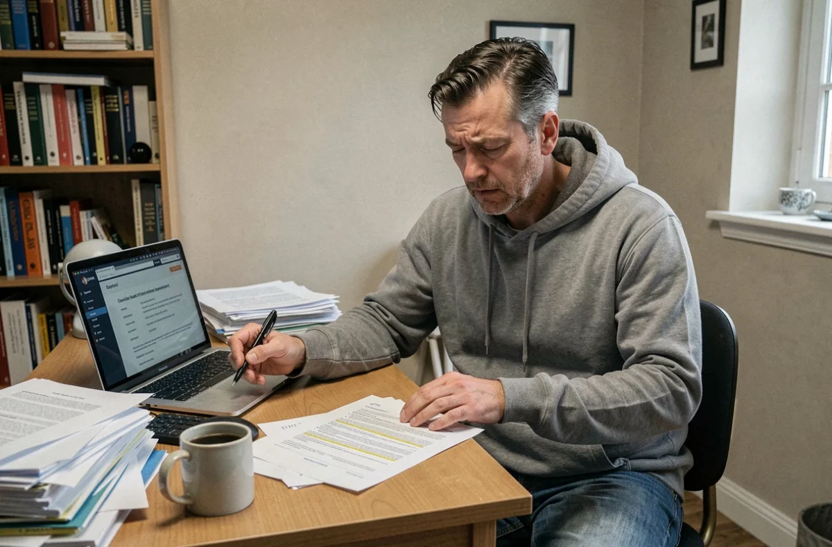 Locataire examinant un contrat de bail et des documents de plainte à son bureau