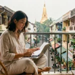 Jeune femme expatriée sur le balcon de son appartement abordable à Bangkok, consultant des documents de location en Thaïlande