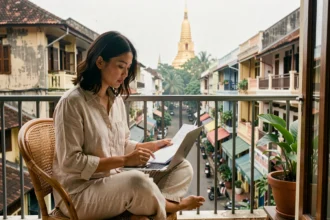 Jeune femme expatriée sur le balcon de son appartement abordable à Bangkok, consultant des documents de location en Thaïlande