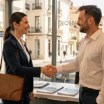 Femme signant un contrat de location d'appartement avec un agent immobilier dans une agence moderne à Barcelone