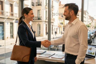 Femme signant un contrat de location d'appartement avec un agent immobilier dans une agence moderne à Barcelone