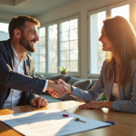 Propriétaire et locataire souriants dans un salon lumineux