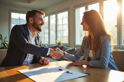 Propriétaire et locataire souriants dans un salon lumineux