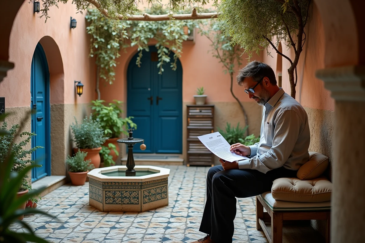 Homme lisant un contrat de location dans un jardin de riad à Essaouira avec panneau à louer entre particuliers