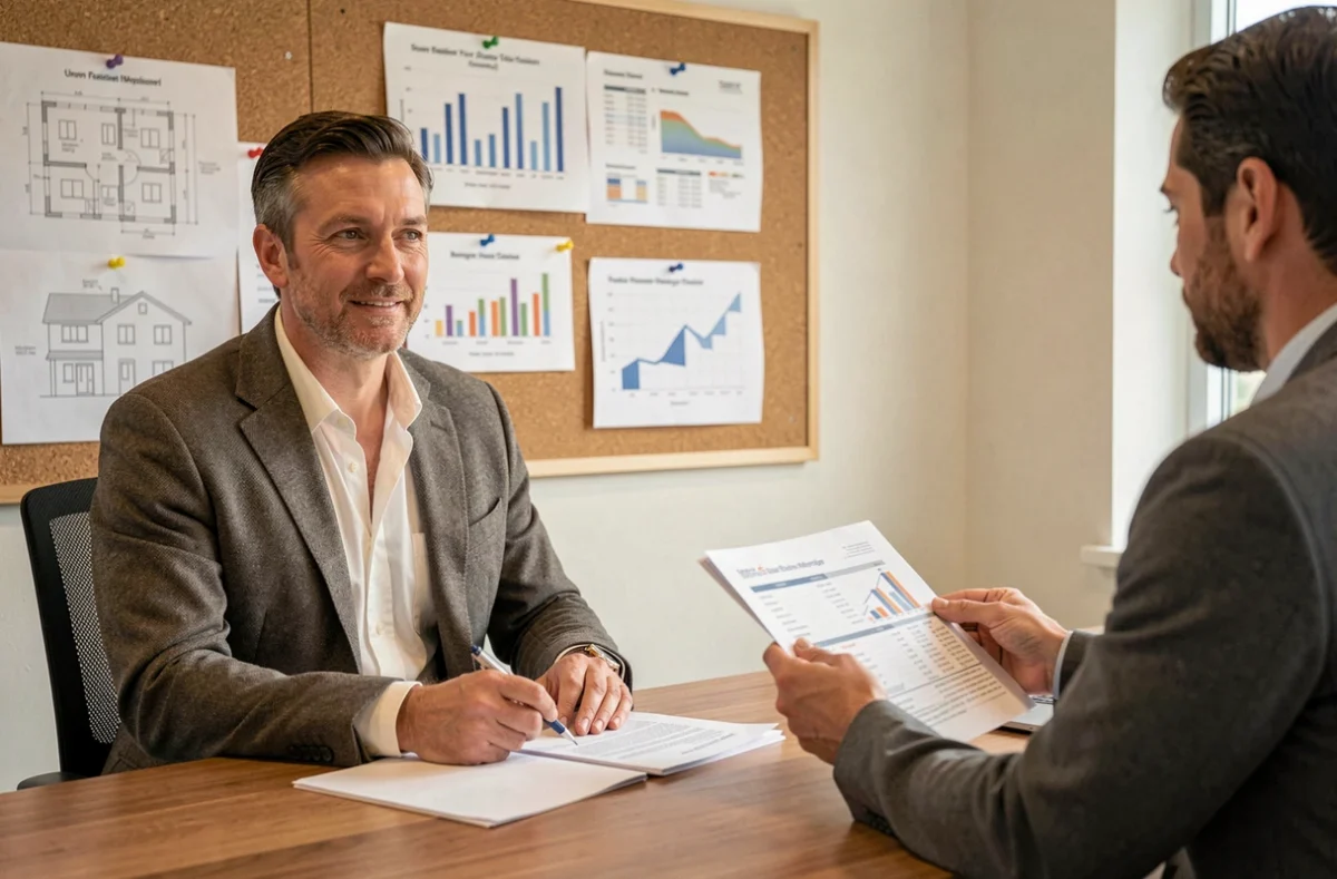 Courtier LV Courtage présentant une offre de crédit immobilier et professionnel à un entrepreneur