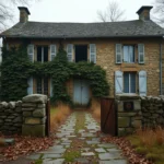 Maison abandonnée en pierre dans la campagne française avec volets délabrés et portail rouillé recouvert de lierre