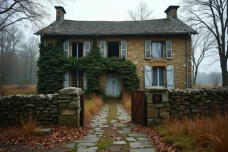 Maison abandonnée en pierre dans la campagne française avec volets délabrés et portail rouillé recouvert de lierre