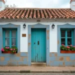 Petite maison de pêcheur traditionnelle au Portugal avec façade blanchie à la chaux et carreaux bleus, typique des annonces immobilières en ligne