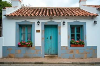 Petite maison de pêcheur traditionnelle au Portugal avec façade blanchie à la chaux et carreaux bleus, typique des annonces immobilières en ligne