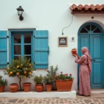 Maison blanchie à la chaux avec petit jardin fleuri à Essaouira, volets bleus typiques de la médina marocaine
