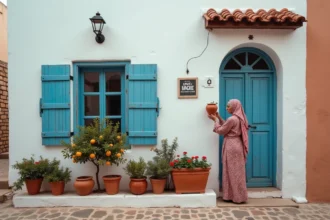 Maison blanchie à la chaux avec petit jardin fleuri à Essaouira, volets bleus typiques de la médina marocaine