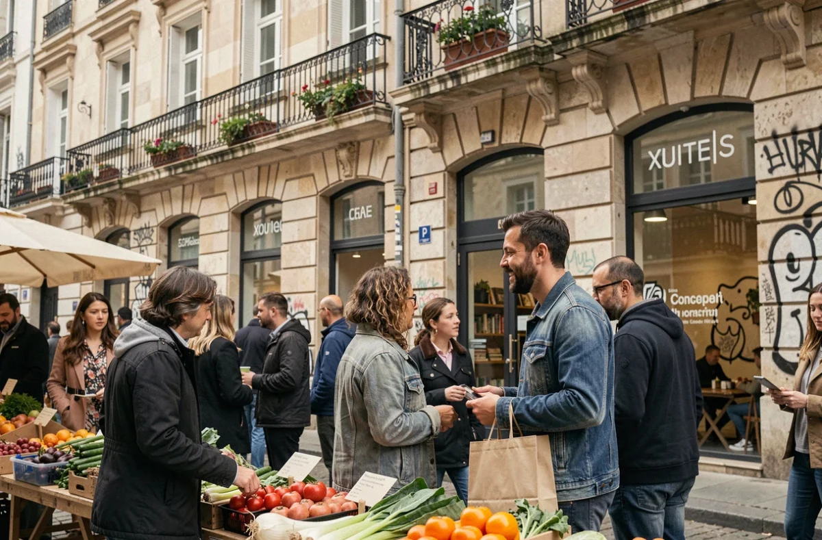 Marché de quartier animé à Bordeaux avec habitants et façades historiques réhabilitées, témoignant de la transformation sociale et urbaine du secteur