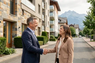 Agent immobilier en Isère serrant la main d'un couple devant un immeuble résidentiel avec les montagnes de Chartreuse en arrière-plan
