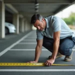 Un homme mesurant la largeur d'une place de parking en copropriété avec un mètre ruban jaune sur un sol en asphalte marqué de lignes blanches