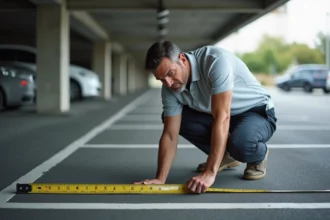 Un homme mesurant la largeur d'une place de parking en copropriété avec un mètre ruban jaune sur un sol en asphalte marqué de lignes blanches