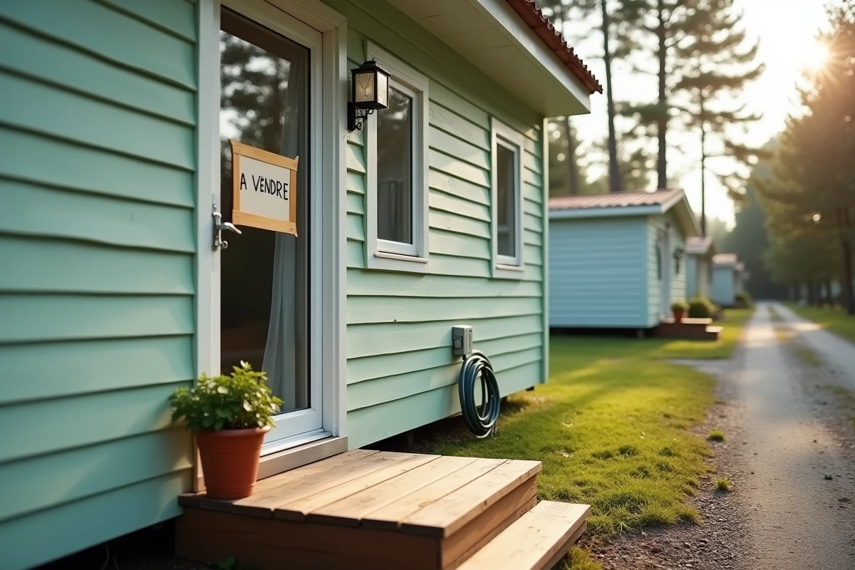 Entrée d'un mobil home à vendre avec panneau 'A Vendre' sur la porte et terrasse en bois dans un camping