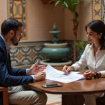 Négociation immobilière entre un agent et des acheteurs dans un bureau de riad à Marrakech