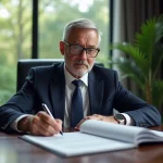 Notaire homme en costume examine des documents dans un bureau moderne