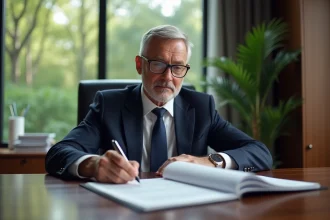 Notaire homme en costume examine des documents dans un bureau moderne