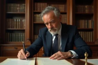 Notaire en costume marine assis à un bureau en chêne examinant des actes de vente immobilière dans une étude notariale parisienne traditionnelle