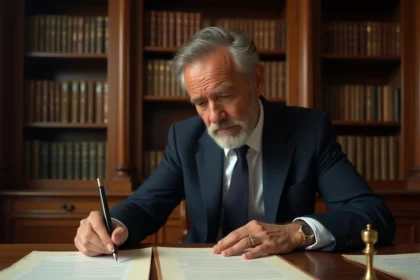 Notaire en costume marine assis à un bureau en chêne examinant des actes de vente immobilière dans une étude notariale parisienne traditionnelle