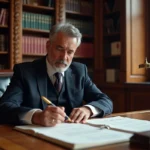 Notaire à Limoges examinant un acte de propriété officiel dans son étude traditionnelle avec bureau en chêne et bibliothèque juridique
