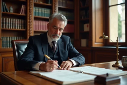 Notaire à Limoges examinant un acte de propriété officiel dans son étude traditionnelle avec bureau en chêne et bibliothèque juridique