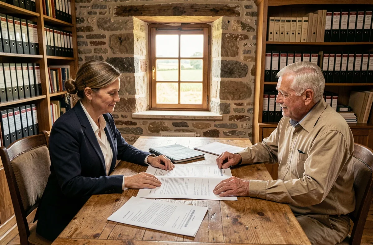 Notaire et propriétaire terrien analysant un contrat de bail rural dans un bureau en pierre
