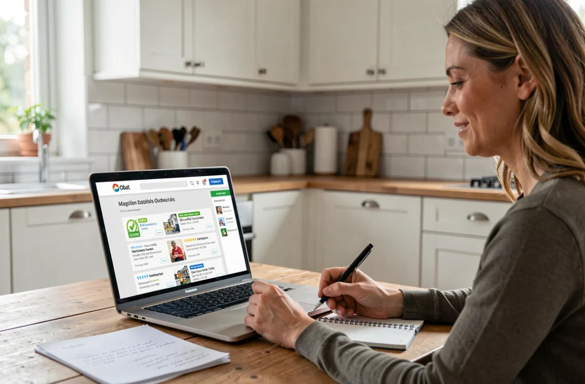 Propriétaire recherchant des professionnels RGE du 77 via la plateforme Obat sur son ordinateur pour un projet de rénovation