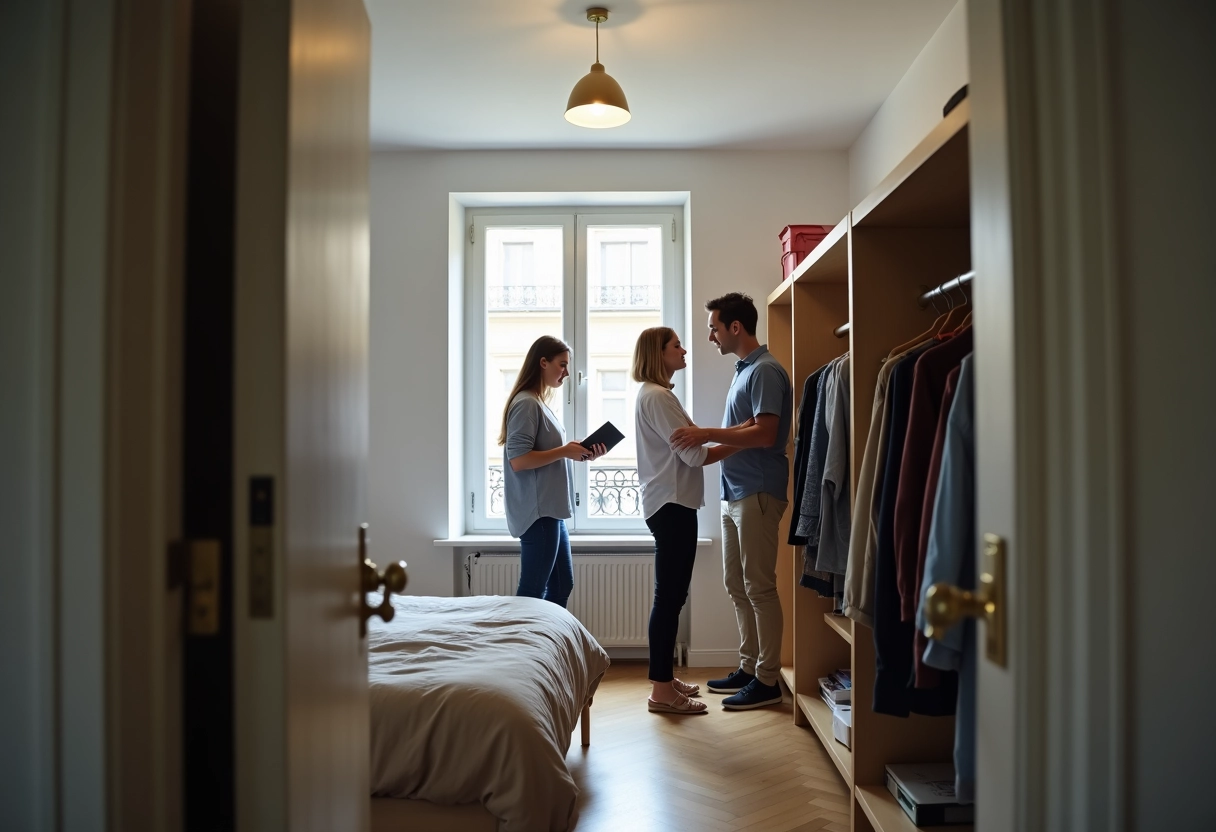 Trois personnes organisent leurs affaires dans une chambre partagée