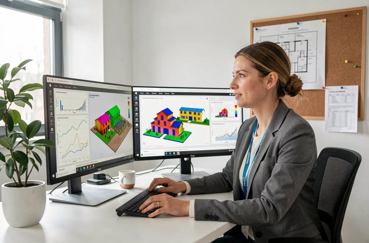 Conseillère Oriven réalisant une simulation énergétique sur ordinateur pour orienter des travaux de rénovation dans le 77
