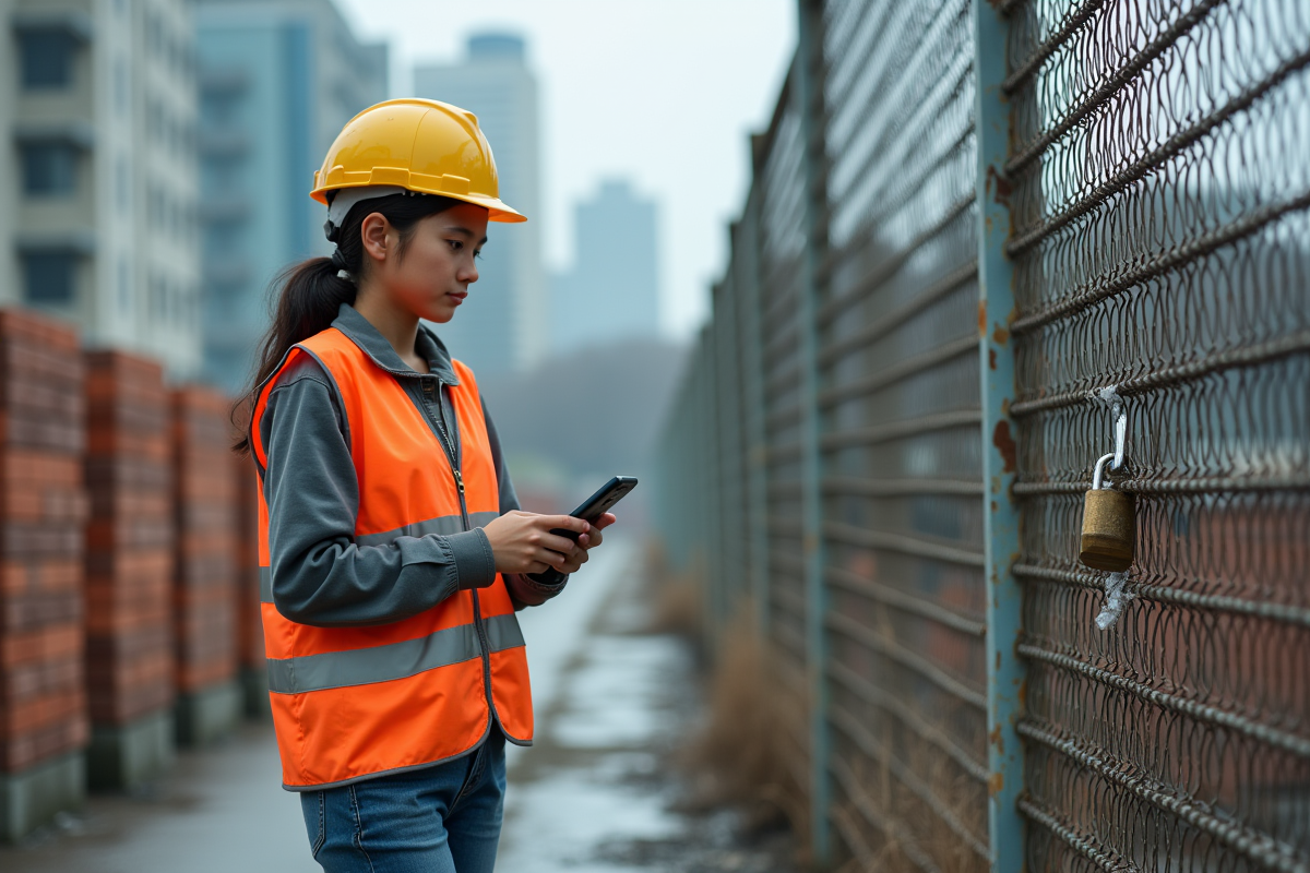 Jeune femme ouvrier vérifiant une serrure cassée sur un chantier urbain