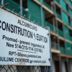 Panneau d'affichage légal de chantier fixé sur une clôture métallique devant un immeuble en rénovation à Paris