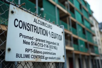 Panneau d'affichage légal de chantier fixé sur une clôture métallique devant un immeuble en rénovation à Paris