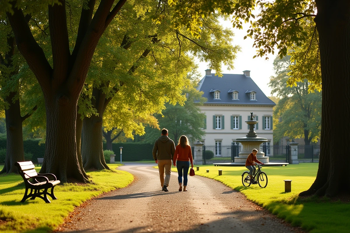 Parc verdoyant de Maisons-Laffitte avec familles se promenant sous les grands arbres