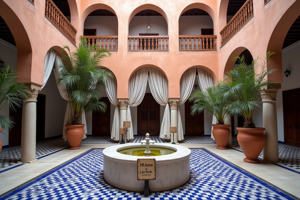 Patio intérieur d'un riad à vendre à Marrakech avec fontaine en marbre et carrelage zellige traditionnel