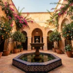Patio intérieur d'un riad traditionnel à Marrakech avec fontaine en zellige et orangers, illustrant le patrimoine architectural des riads à vendre dans la médina