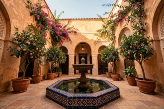 Patio intérieur d'un riad traditionnel à Marrakech avec fontaine en zellige et orangers, illustrant le patrimoine architectural des riads à vendre dans la médina