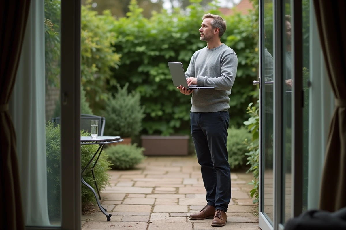 Homme en pause télétravail sur la terrasse d'un appartement T3 rez-de-jardin avec jardin privé