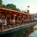 Péniche bar animée amarrée au bord du Rhône à Lyon avec terrasse en bois et clientèle détendue