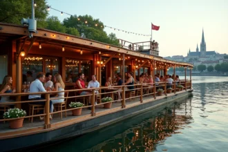 Péniche bar animée amarrée au bord du Rhône à Lyon avec terrasse en bois et clientèle détendue