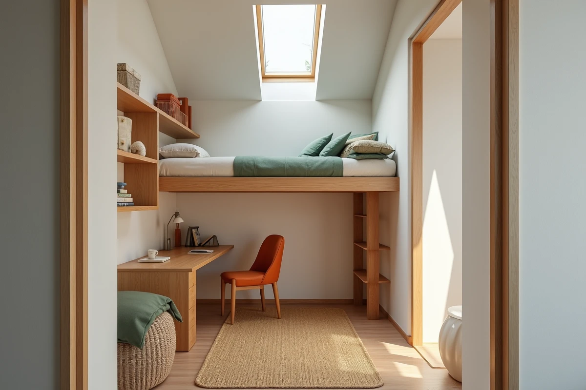 Petite chambre optimisée avec lit mezzanine et bureau intégré illustrant l'aménagement intelligent des mètres carrés