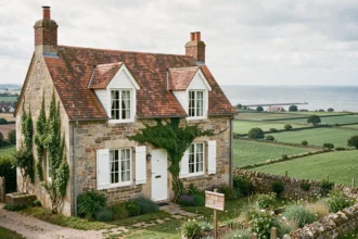 Petite maison en pierre normande à vendre avec vue mer sur la Manche depuis une colline verdoyante