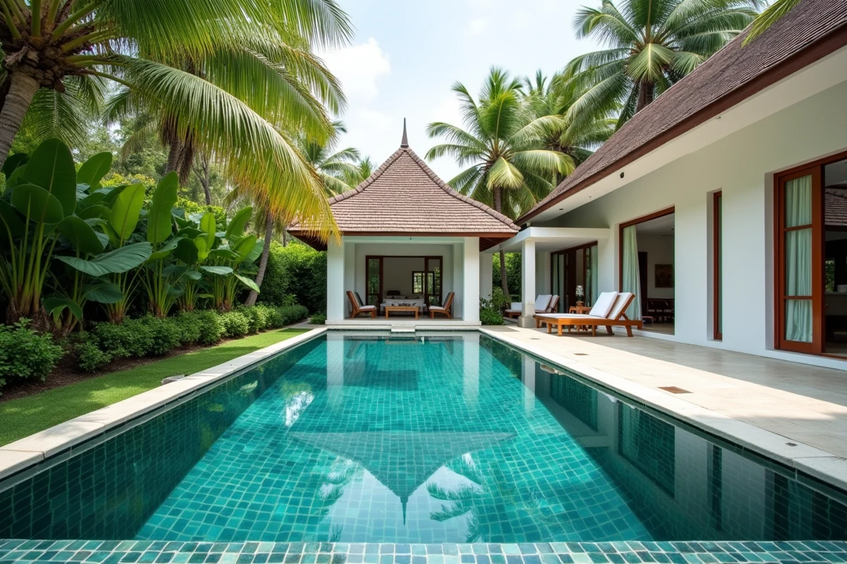 Piscine privée d'une villa à vendre à Koh Samui entourée de palmiers tropicaux et architecture thaïlandaise
