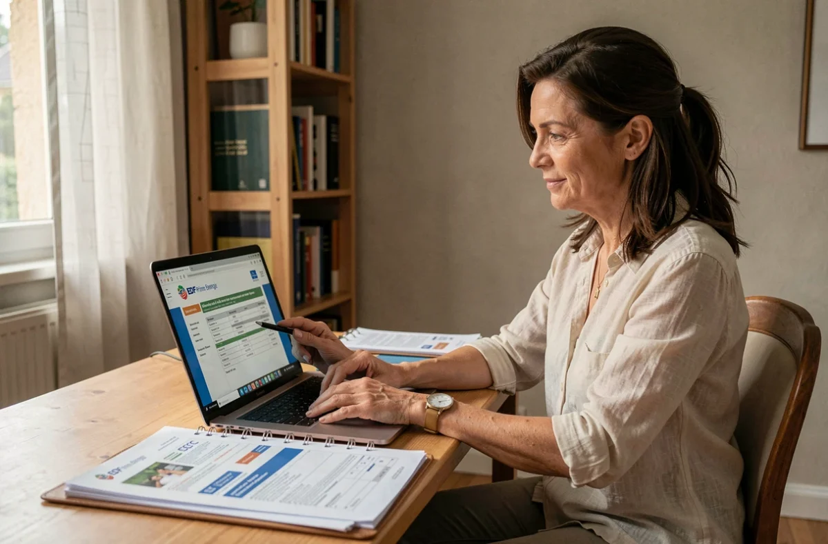 Propriétaire consultant les documents de financement Prime Énergie EDF via les CEE pour ses travaux de rénovation énergétique