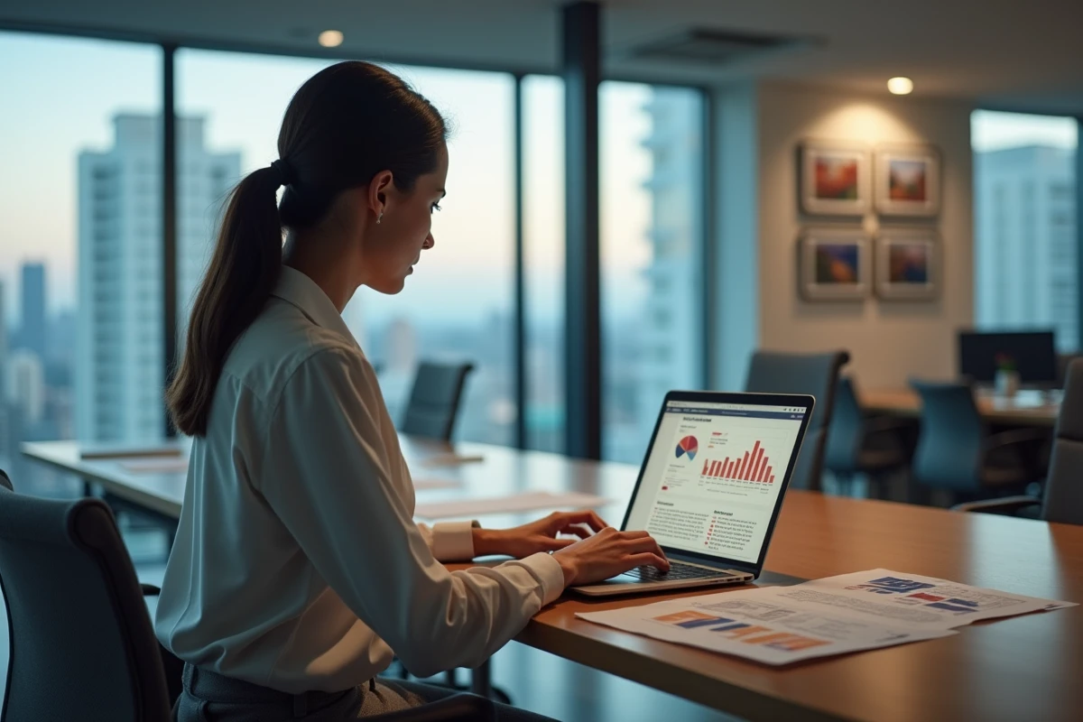 Professionnelle de l'immobilier analysant des rapports de marché dans un bureau moderne avec vue sur la ville